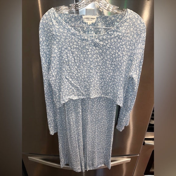 Bobbie Wren BLUE Floral TOP/PANTS SET rayon Vneck cropped minimal prairie set S - Picture 4 of 16